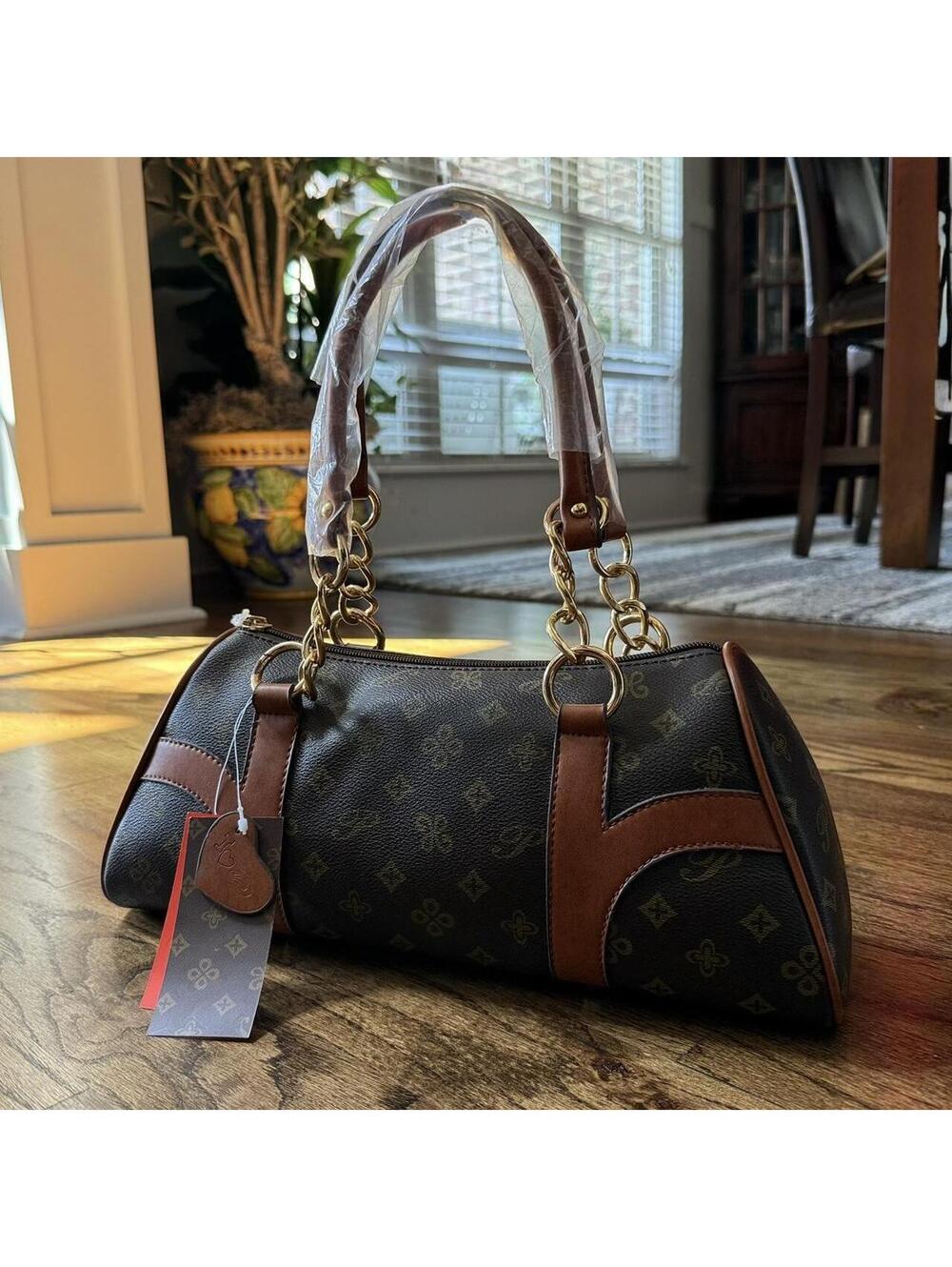 👜 Diophy Vintage Monogram Barrel Bag Brown Y2K Shoulder Purse NWT